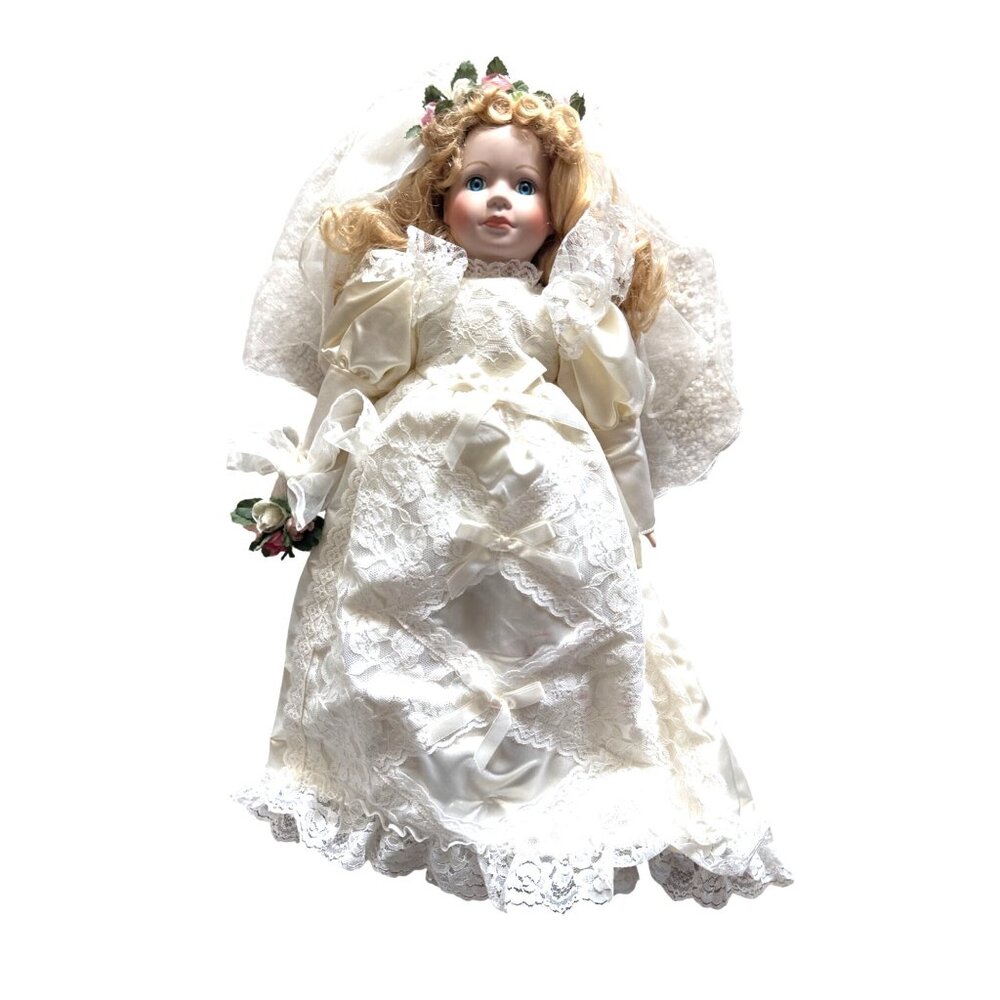 Vintage Porcelain Bride Doll In Lace Wedding Gown With Curled Blonde Hair & Blue